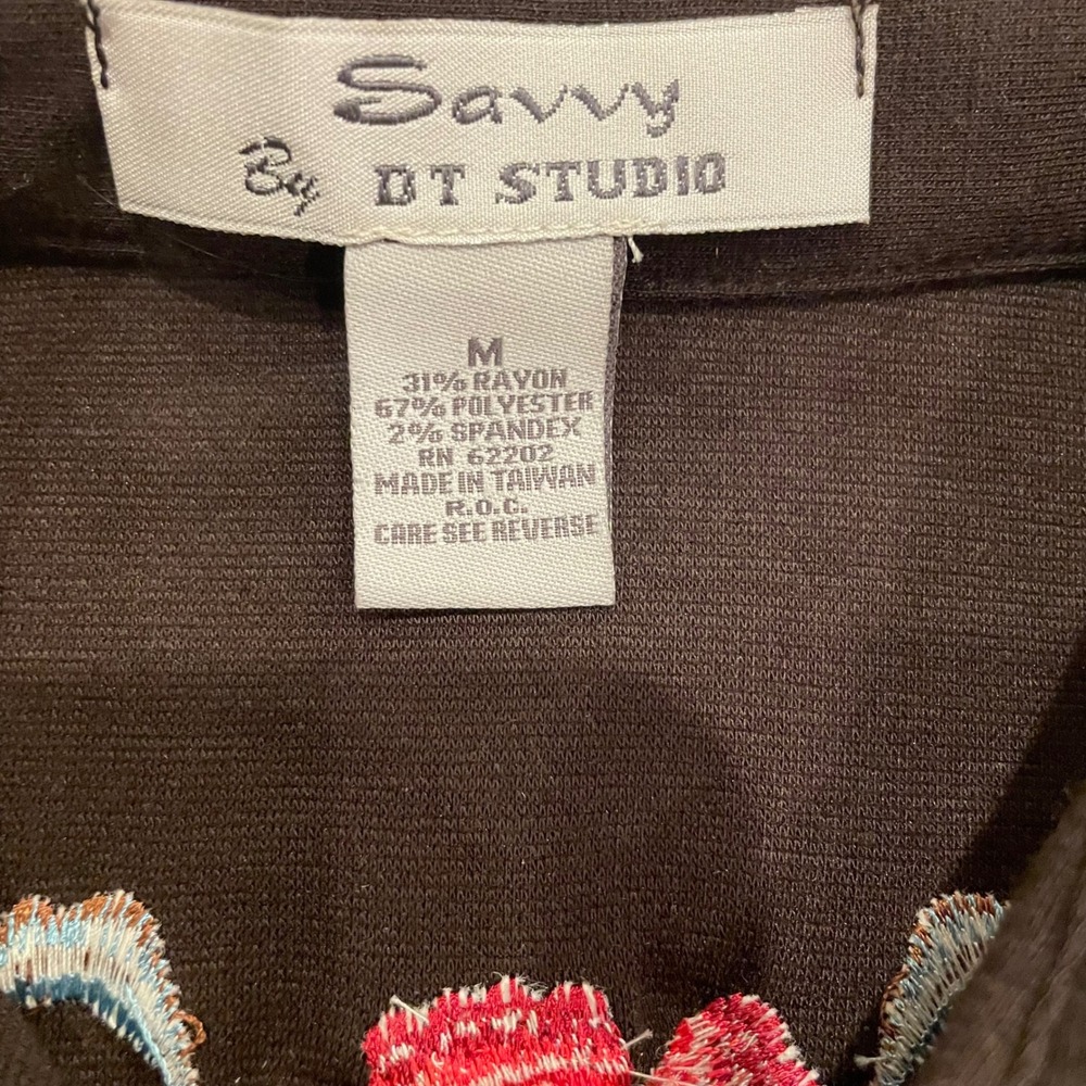 VTG Savvy‎ by DT Studio Brown Embroidered Butterfly Flower Button Shirt Womens M - Picture 4 of 8